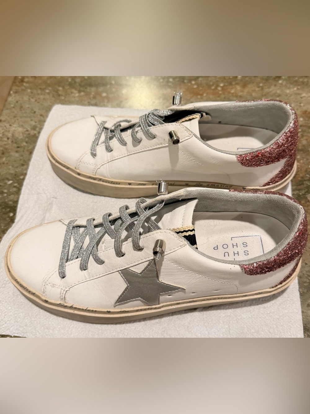 Shushop Reba Women’s White Leather Sneakers with Silver Star & Pink Glitter Heel